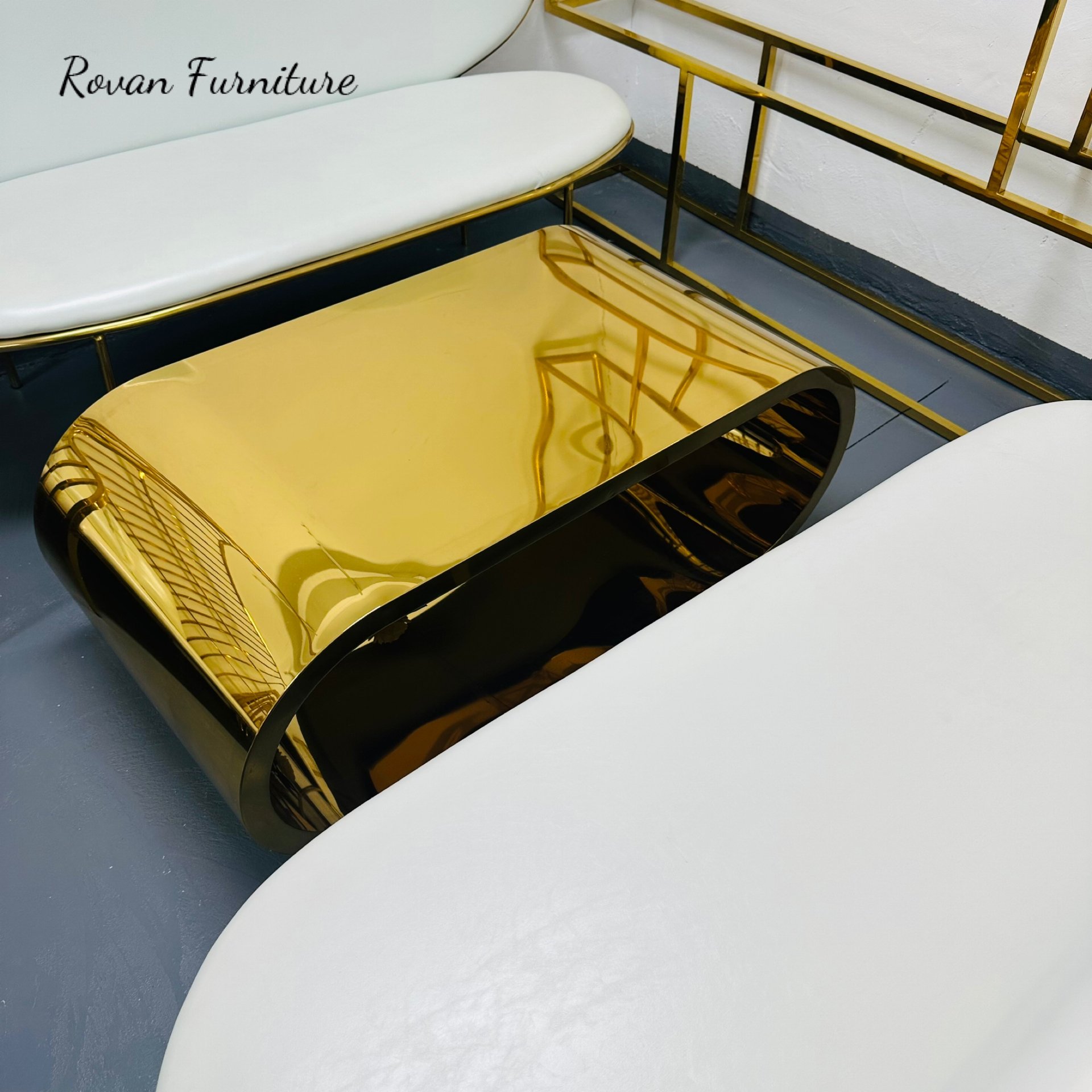 New design high end gold stainless steel luxury rectangular coffee table for wedding and event used
