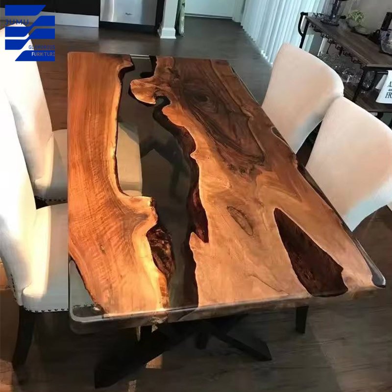 Glamorous Furniture Hot-selling modern Solid wood walnut dining table with epoxy resin board dining table for dining room use