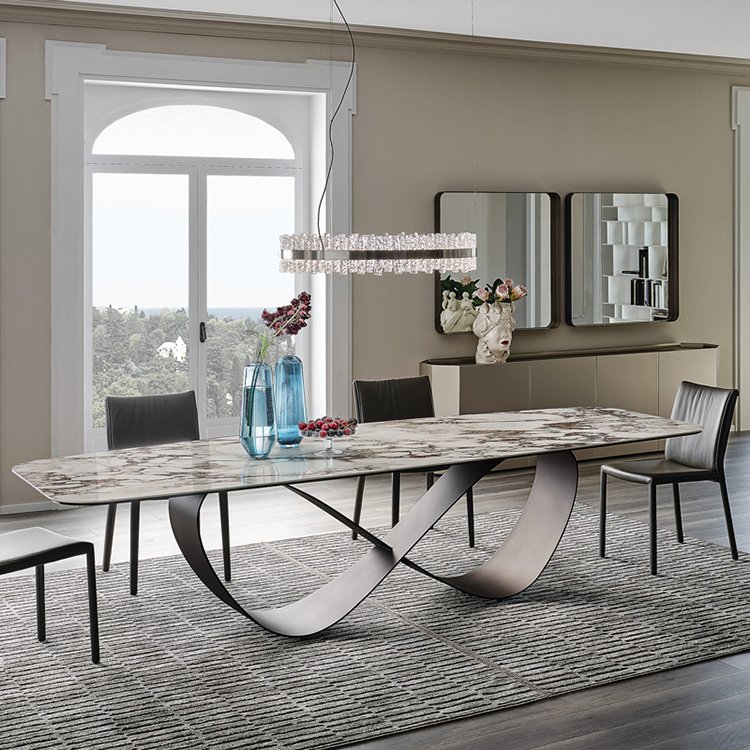 Contemporary white gold stainless steel metal furniture set light luxury dining tables oval shape corner dining table set