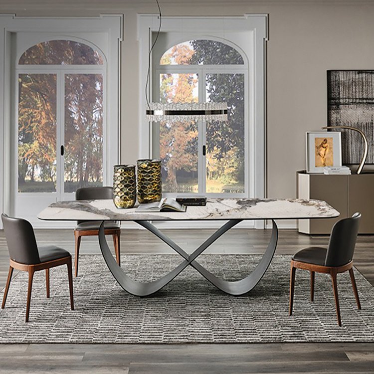 Contemporary white gold stainless steel metal furniture set light luxury dining tables oval shape corner dining table set