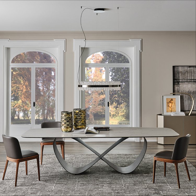 Contemporary white gold stainless steel metal furniture set light luxury dining tables oval shape corner dining table set