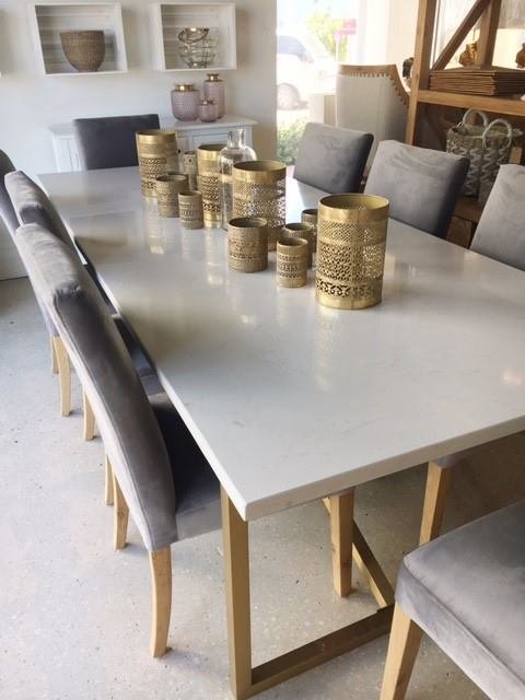 MRS WOODS Modern Popular Design 8 Seater White Marble Top With Gold Steel Base Dining Table