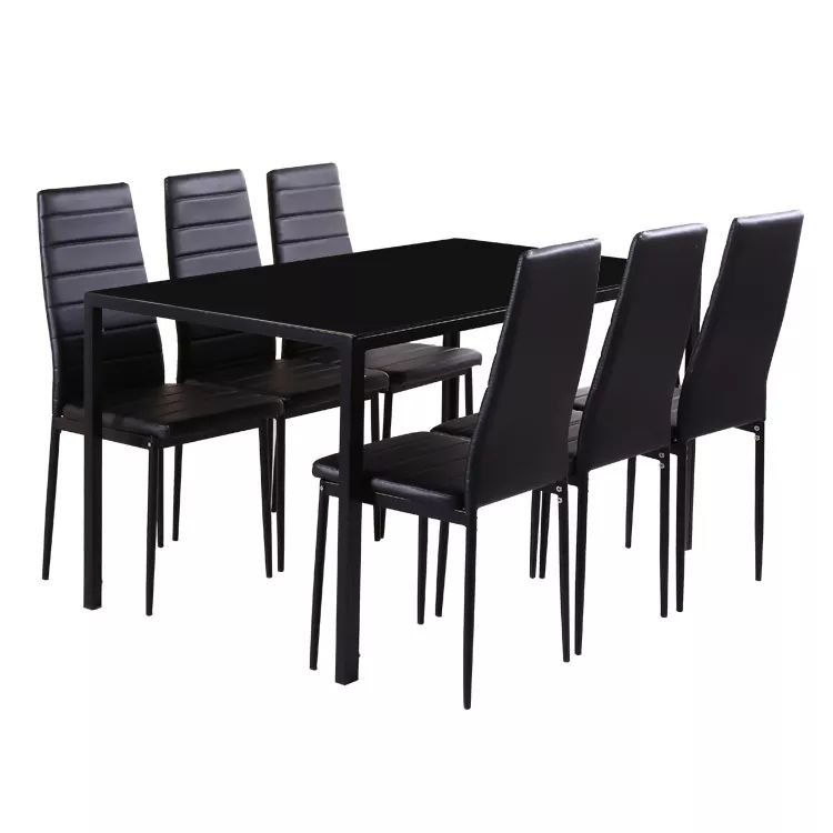Dinning Table Set Free Sample Classic 4/6 Seat Modern Fiber Square Glass Top Metal Leg And Upholstered PU Chair Dining Table Set