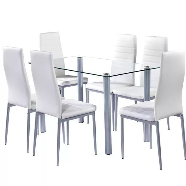 Dinning Table Set Free Sample Classic 4/6 Seat Modern Fiber Square Glass Top Metal Leg And Upholstered PU Chair Dining Table Set