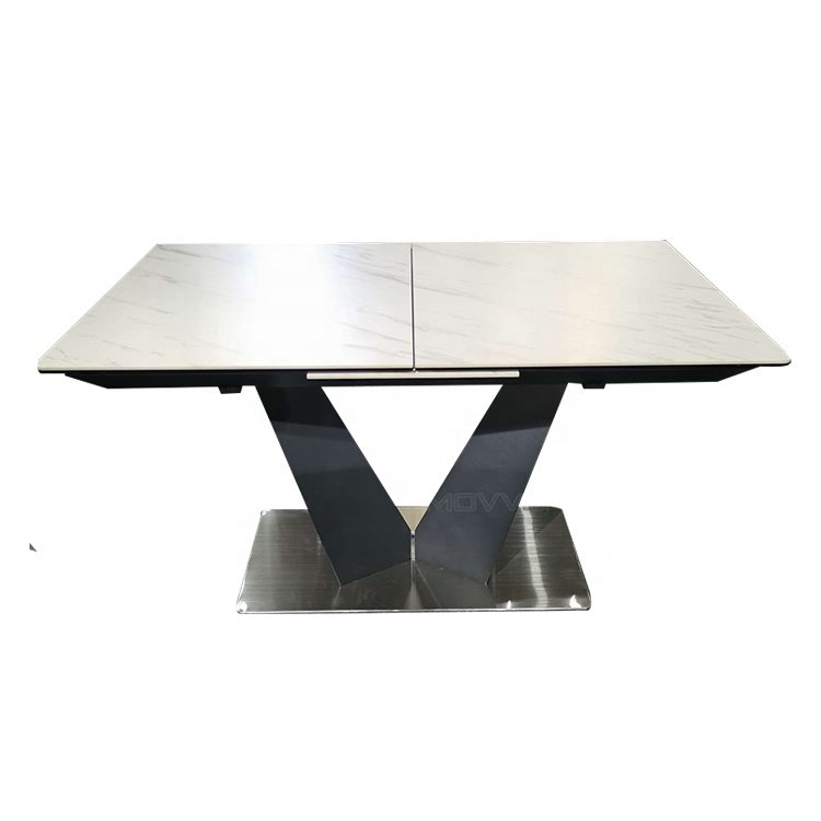 black power coated metal and stainless steel rectangular small extending dining tables with imported ceramic laminated top