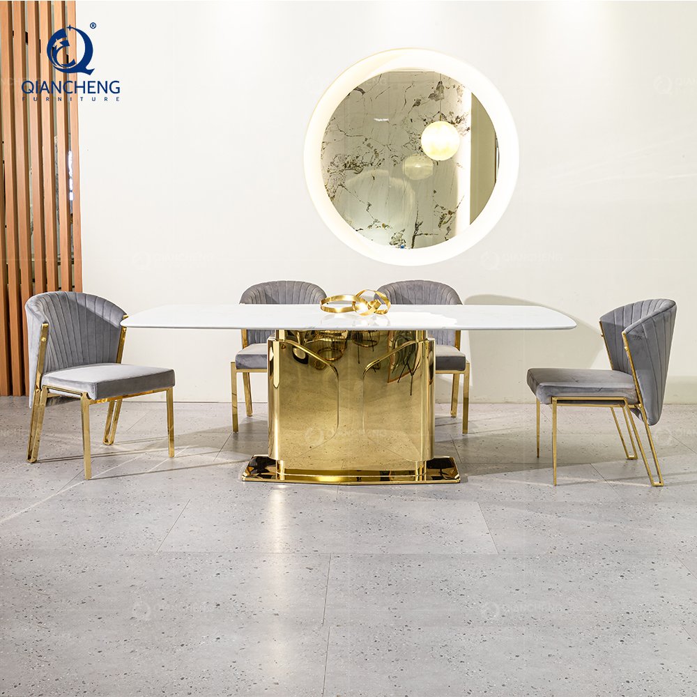 High quality interior furniture stainless steel base 8 seater chairs table modern marble dining table set luxury design