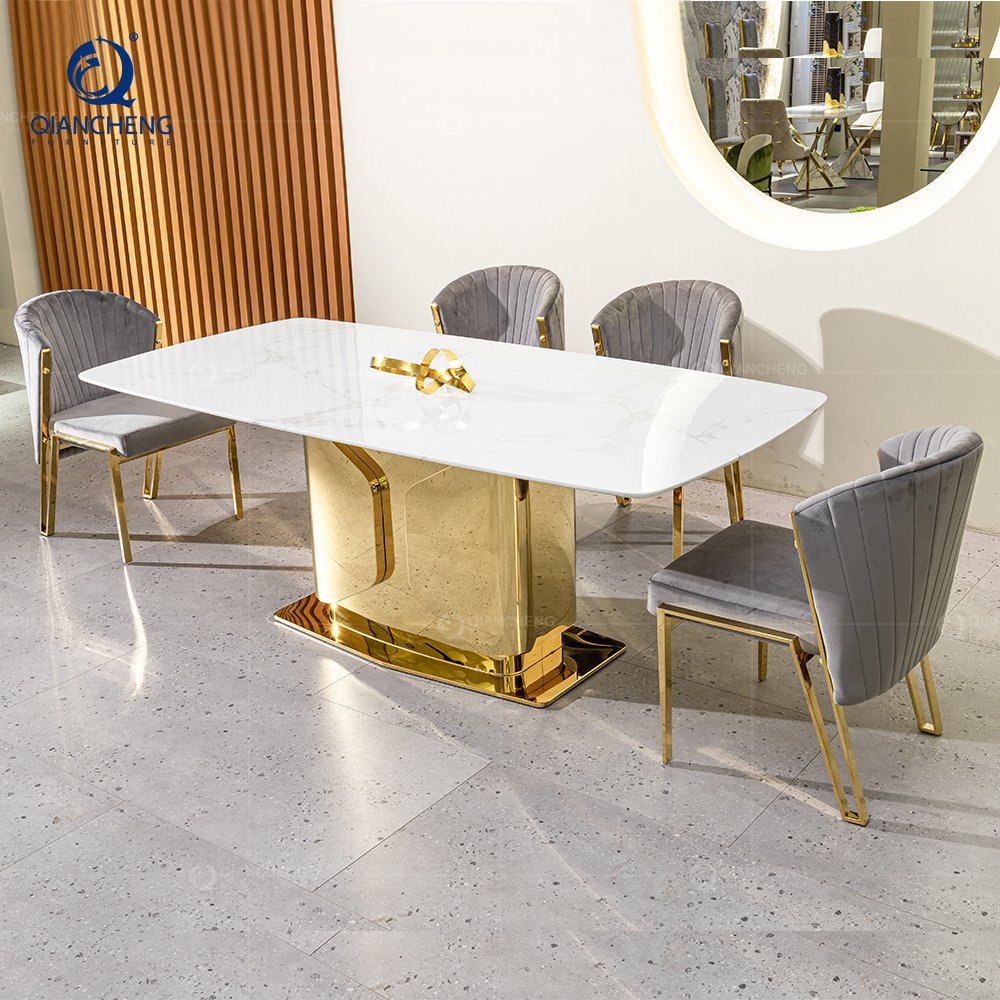 High quality interior furniture stainless steel base 8 seater chairs table modern marble dining table set luxury design