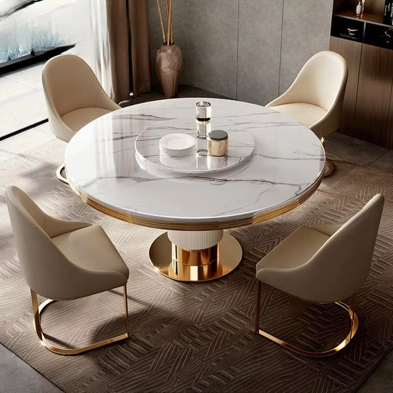 Modern round Dining Table and Chair Set Marble Top with Turntable Simple Design for Kitchen Use Made of Metal