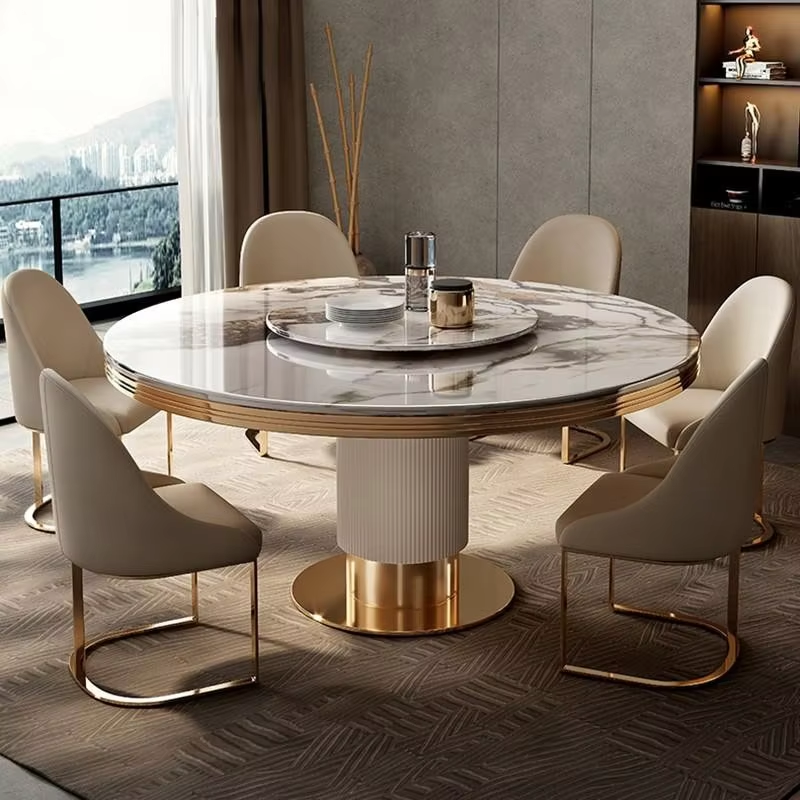 Modern round Dining Table and Chair Set Marble Top with Turntable Simple Design for Kitchen Use Made of Metal