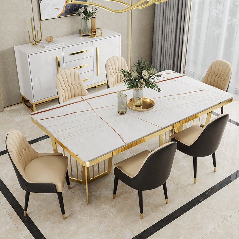 Apartments And Villas Home Furniture Rectangular Natural Marble Top Stainless Steel Base Dining Table For Dining Room
