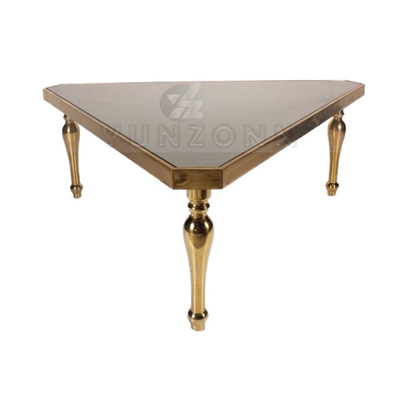 Modern Elegant Gold Stainless Steel Triangle Dining Table Glass Top Luxury Event Furniture for Outdoor Banquets and Hotels