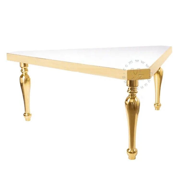 Modern Elegant Gold Stainless Steel Triangle Dining Table Glass Top Luxury Event Furniture for Outdoor Banquets and Hotels