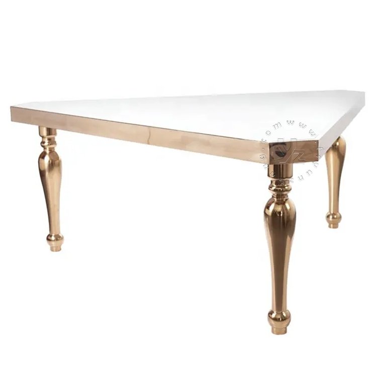 Modern Elegant Gold Stainless Steel Triangle Dining Table Glass Top Luxury Event Furniture for Outdoor Banquets and Hotels