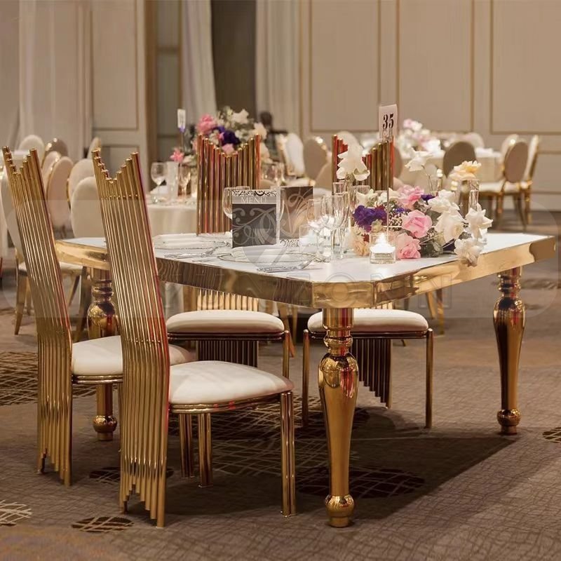 Modern Elegant Gold Stainless Steel Triangle Dining Table Glass Top Luxury Event Furniture for Outdoor Banquets and Hotels