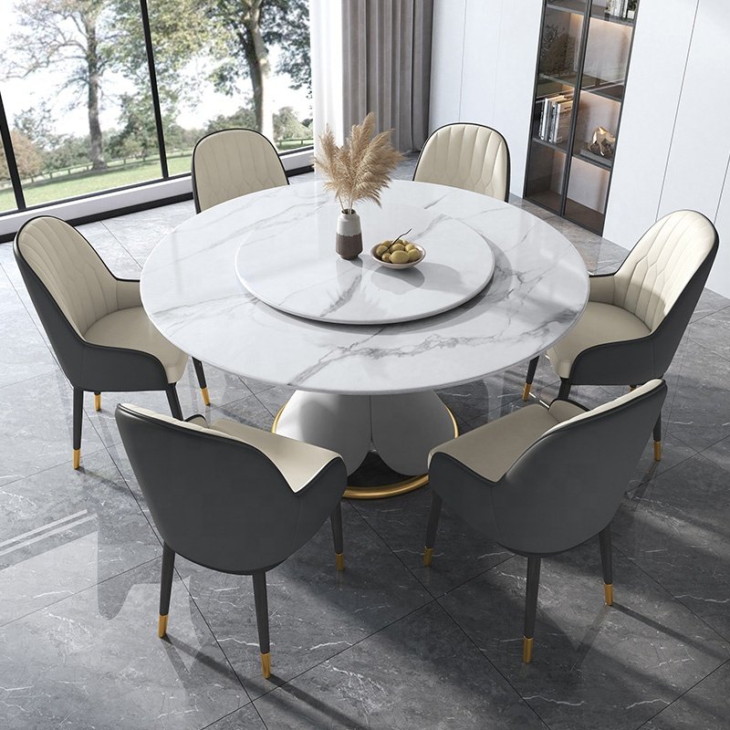 Modern dining table rock slab Italian style expandable dining table home villa round table with turntable