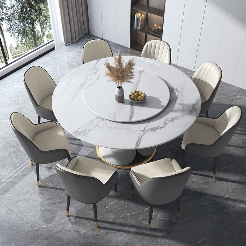 Modern dining table rock slab Italian style expandable dining table home villa round table with turntable
