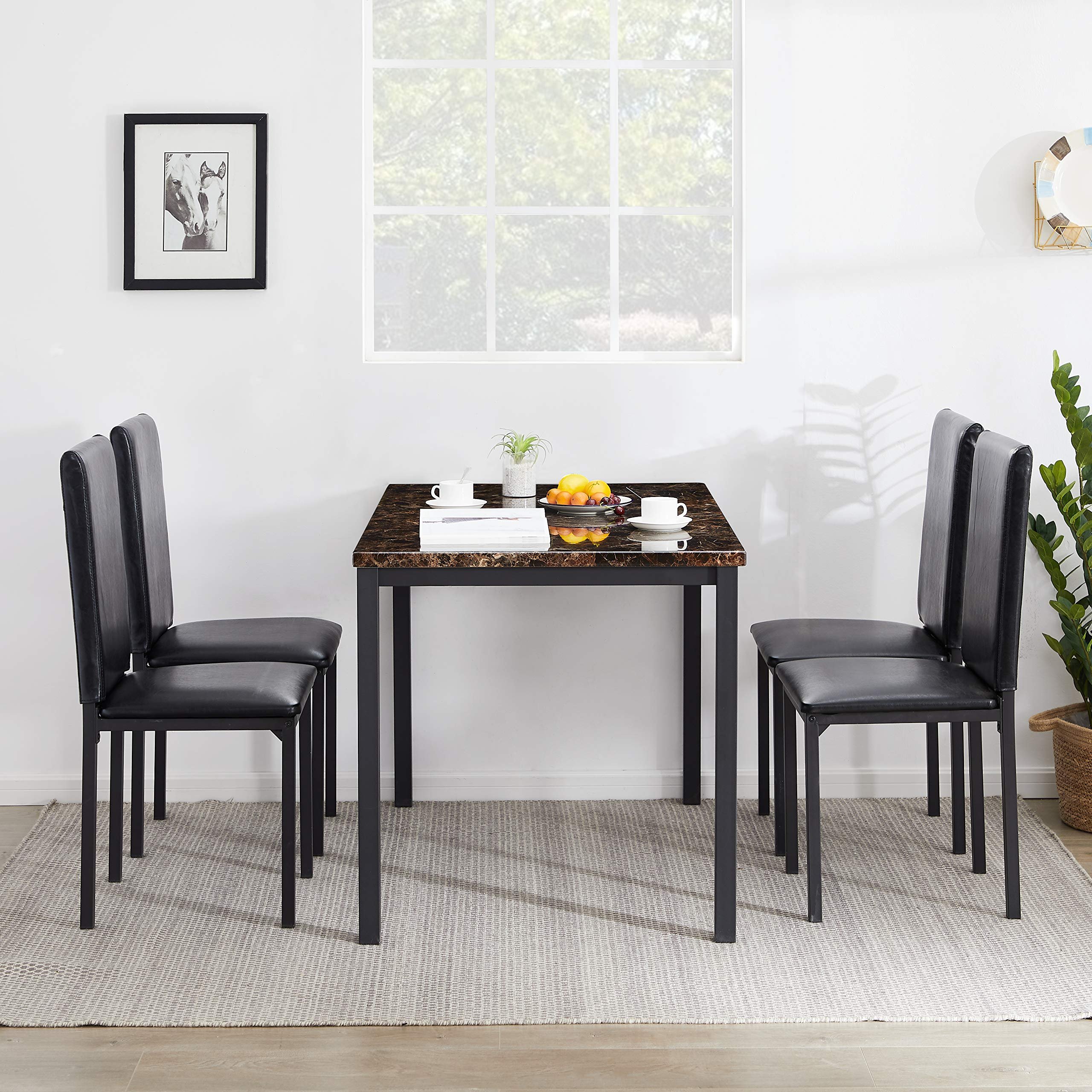 Modern Industrial Kitchen Dining Room Furniture Dining Table Chair Set Durable Metal Legs Rectangular Brown Marble Dining Table