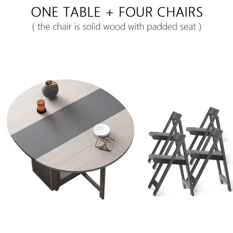 Retractable Wooden Folding Round Dining Table And Chair Set Wooden Multi-Purpose Compact Folding Home Furniture