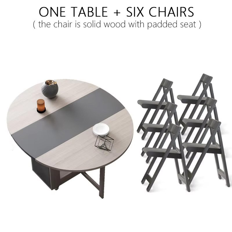 Retractable Wooden Folding Round Dining Table And Chair Set Wooden Multi-Purpose Compact Folding Home Furniture
