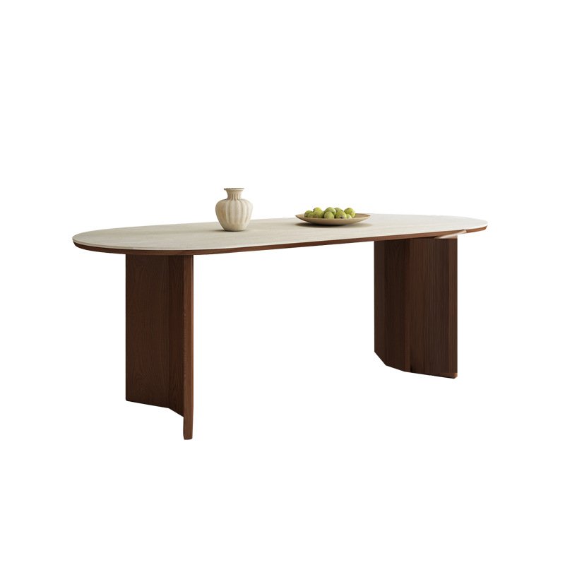 Medieval wind tunnel stone slab dining table and chair walnut wabi-Sabi small house vintage style solid wood oval dining table