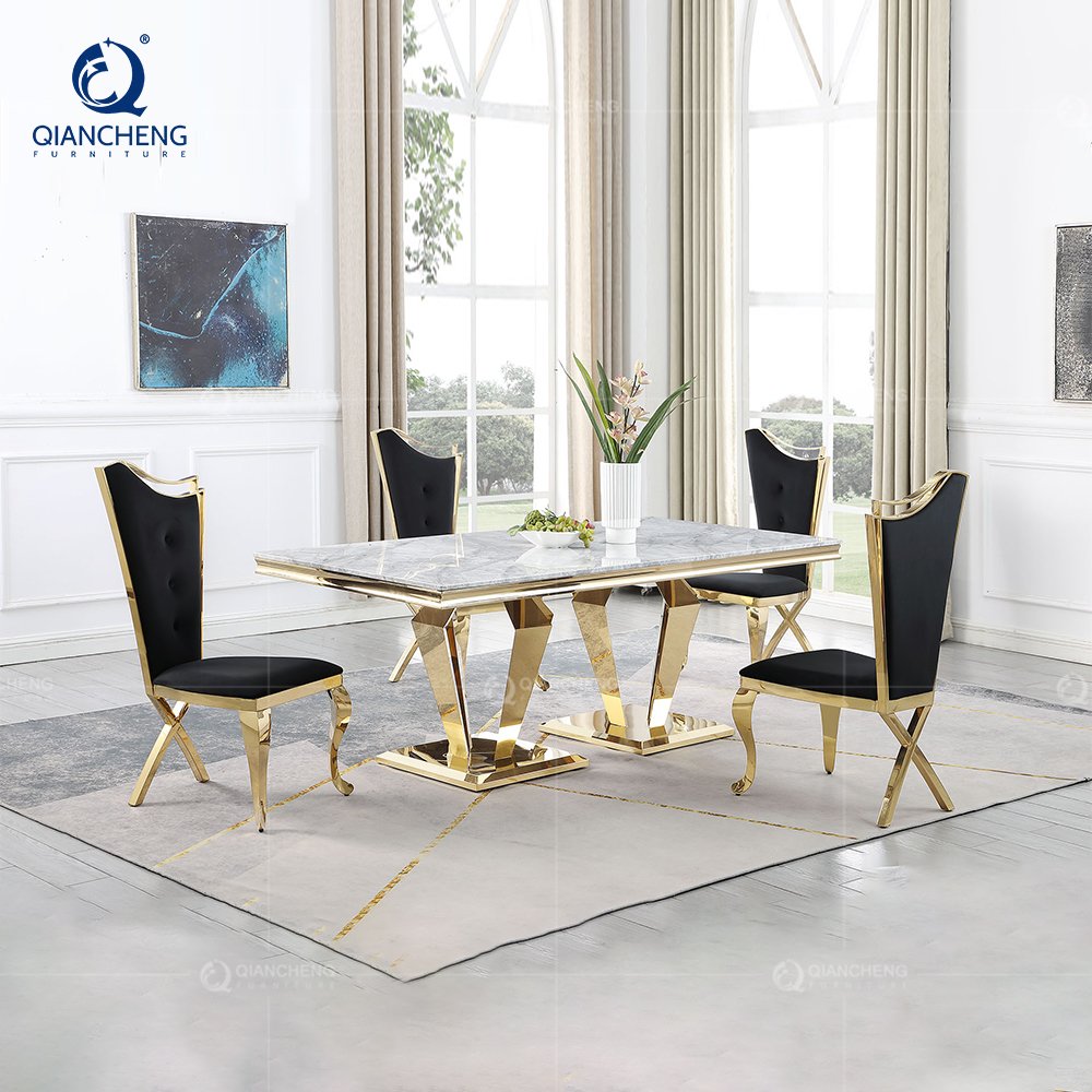Luxury dining table set home furniture rectangle golden base blue marble dining table set