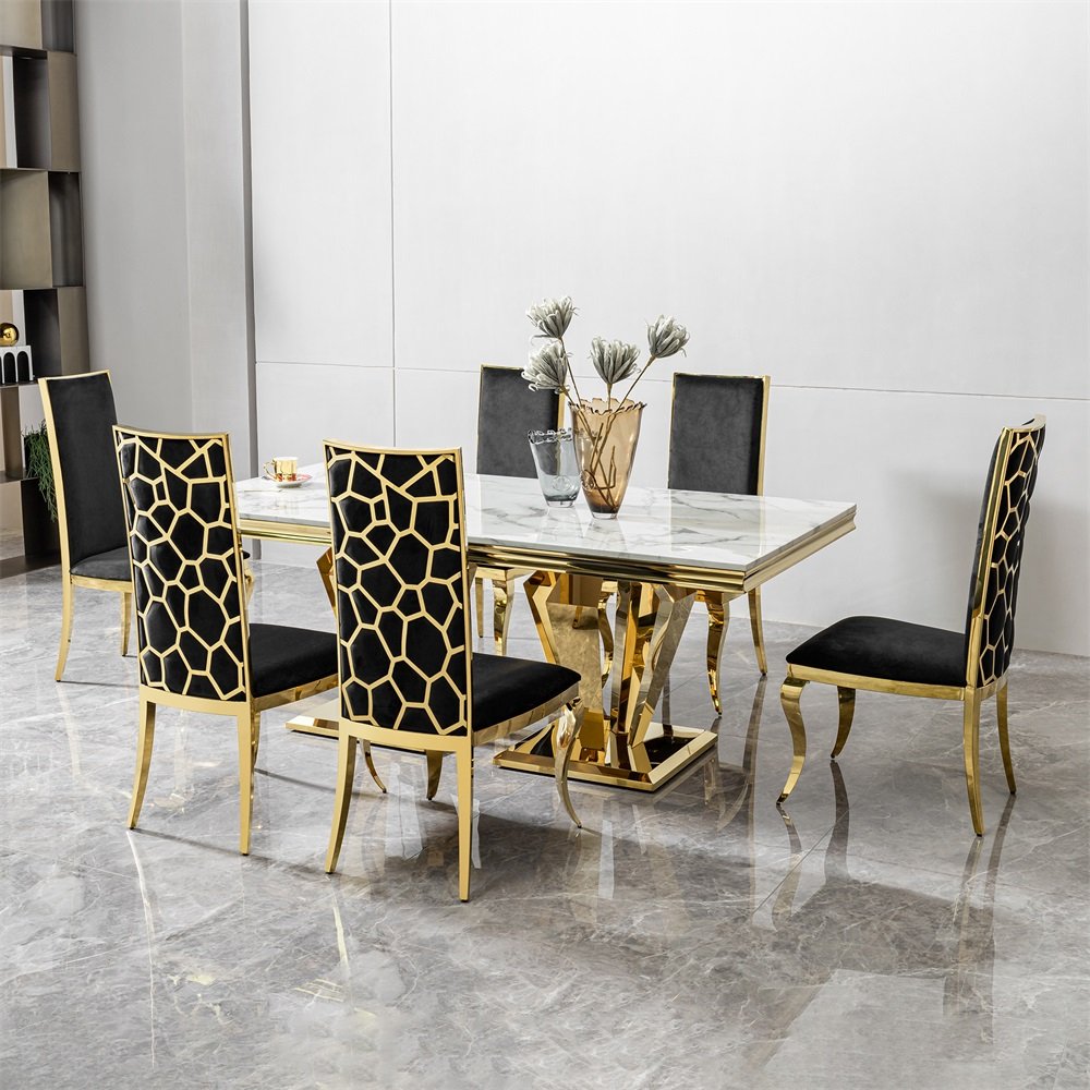 Luxury dining table set home furniture rectangle golden base blue marble dining table set