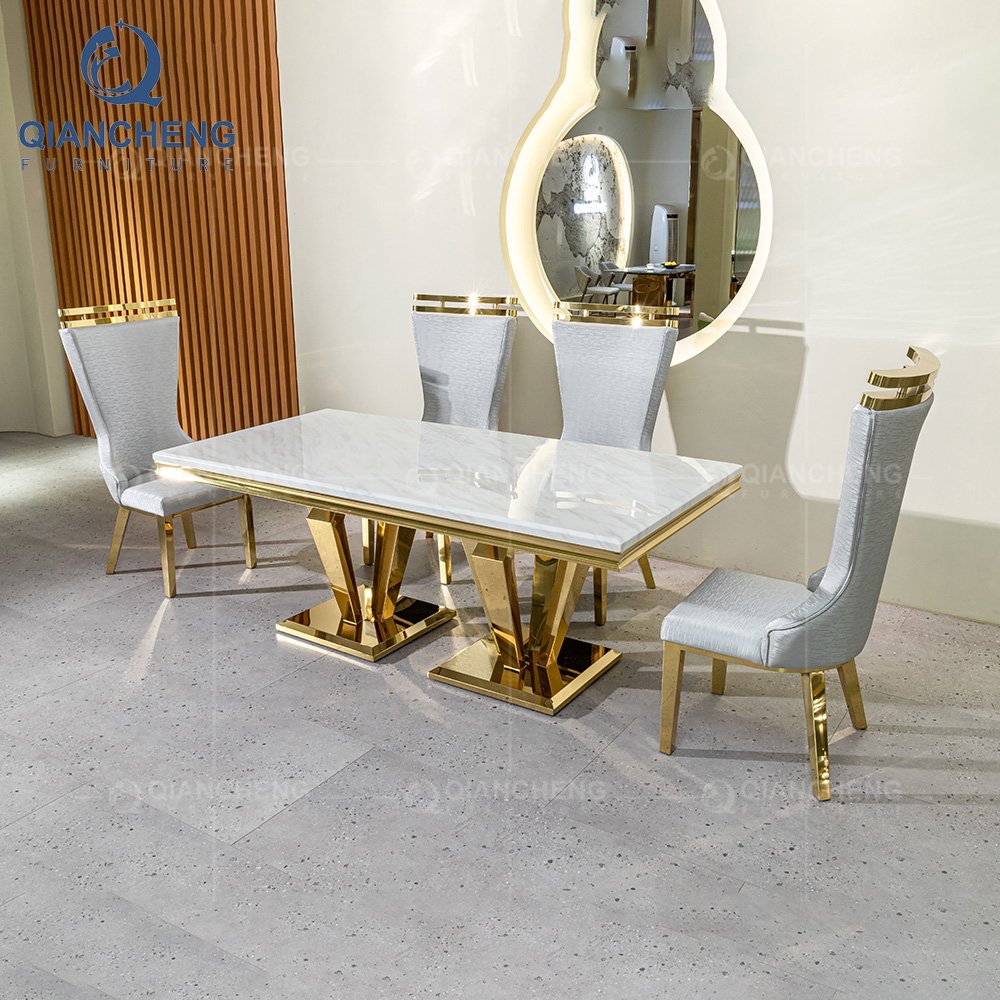 Luxury dining table set home furniture rectangle golden base blue marble dining table set