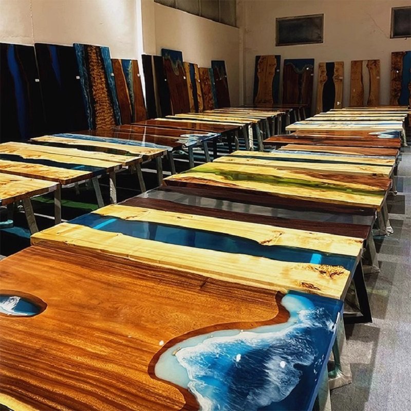 Factory Directly offer Epoxy Resin Wood Restaurant Resin Table Tops Wood Table With Dining Chair Epoxy Dining Table Set