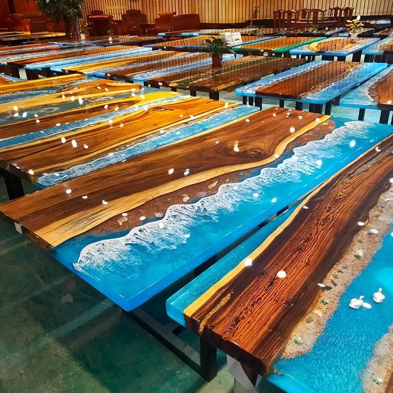 Factory Directly offer Epoxy Resin Wood Restaurant Resin Table Tops Wood Table With Dining Chair Epoxy Dining Table Set