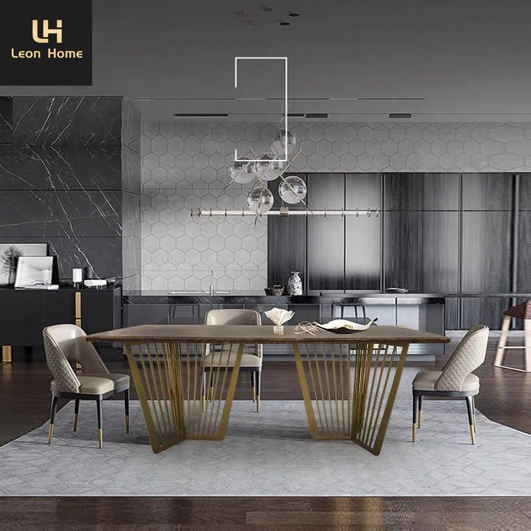 Luxury Marble Top Dining Table Set with Gold Stainless Steel Base for Dining Room Furniture