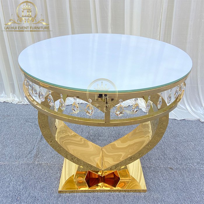 Heart Shape Gold Stainless Steel Crystal Round Cake Table High Quality Wedding Furniture Tables