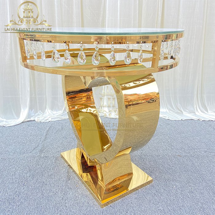 Heart Shape Gold Stainless Steel Crystal Round Cake Table High Quality Wedding Furniture Tables
