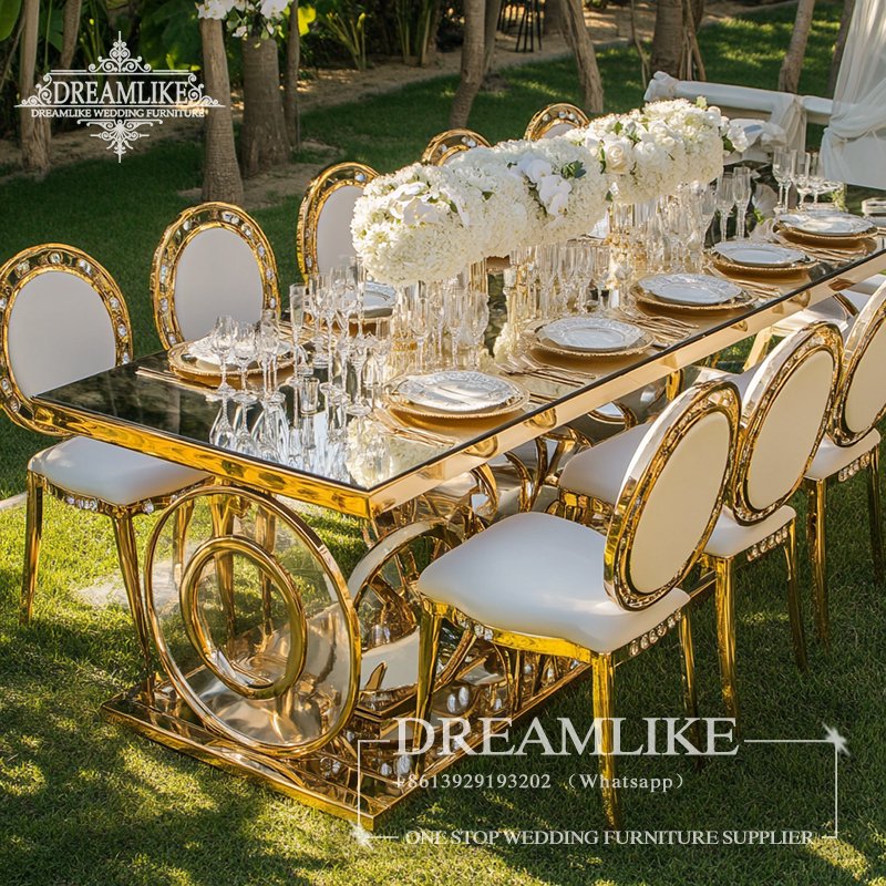 Modern Luxury Dining Room Furniture Set Mirror Glass and Stainless Steel for Wedding or Restaurant Hotel Tables