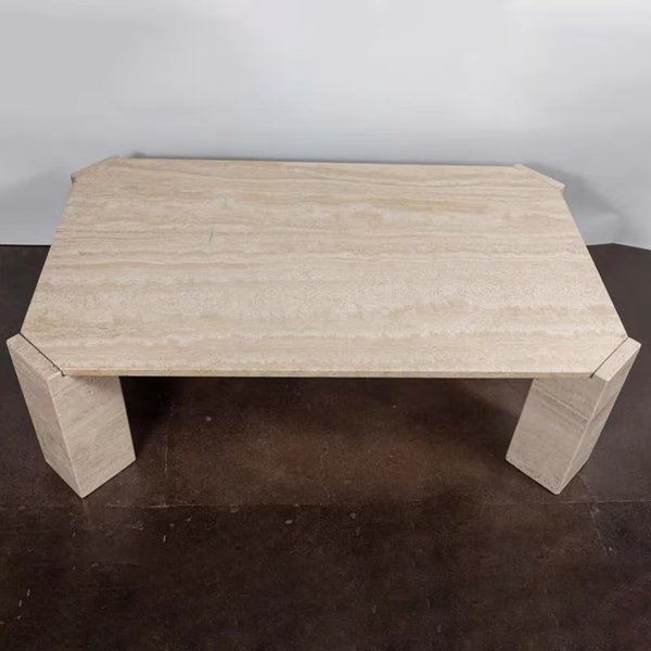 Unique Beige Marble Tabletop Designer New Square Shape 4 Legs Pure Romano Travertine Coffee Table