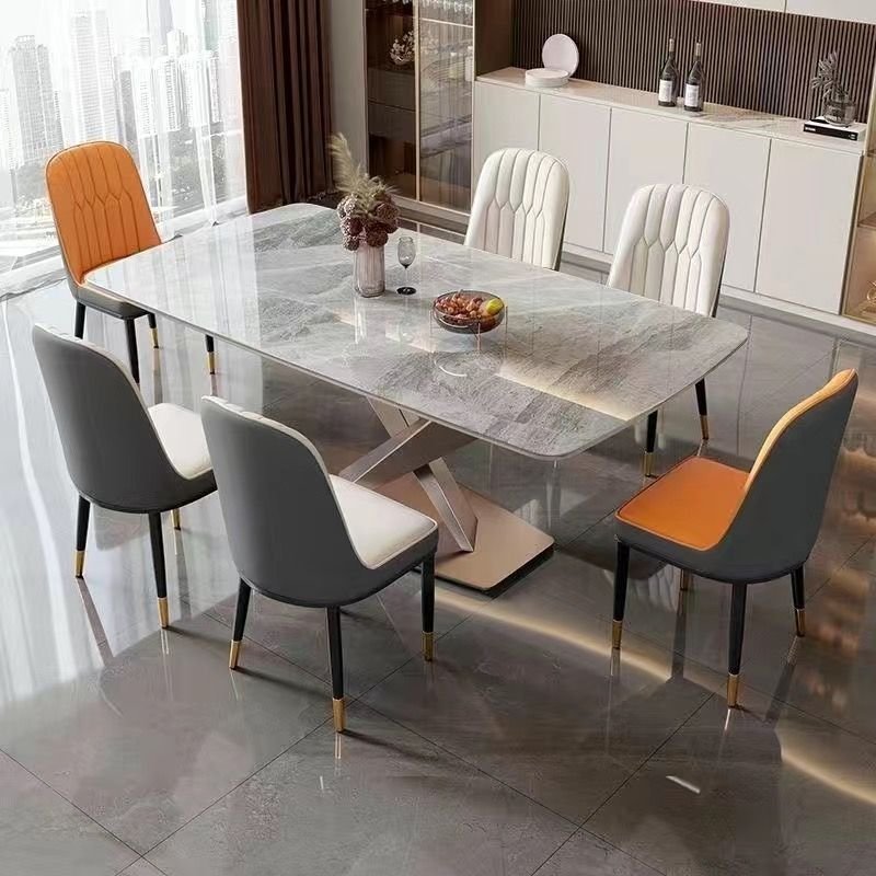 luxury glossy rock slab1.6M dining table and SIX chair combination, modern and simple small-sized rectangular dining table