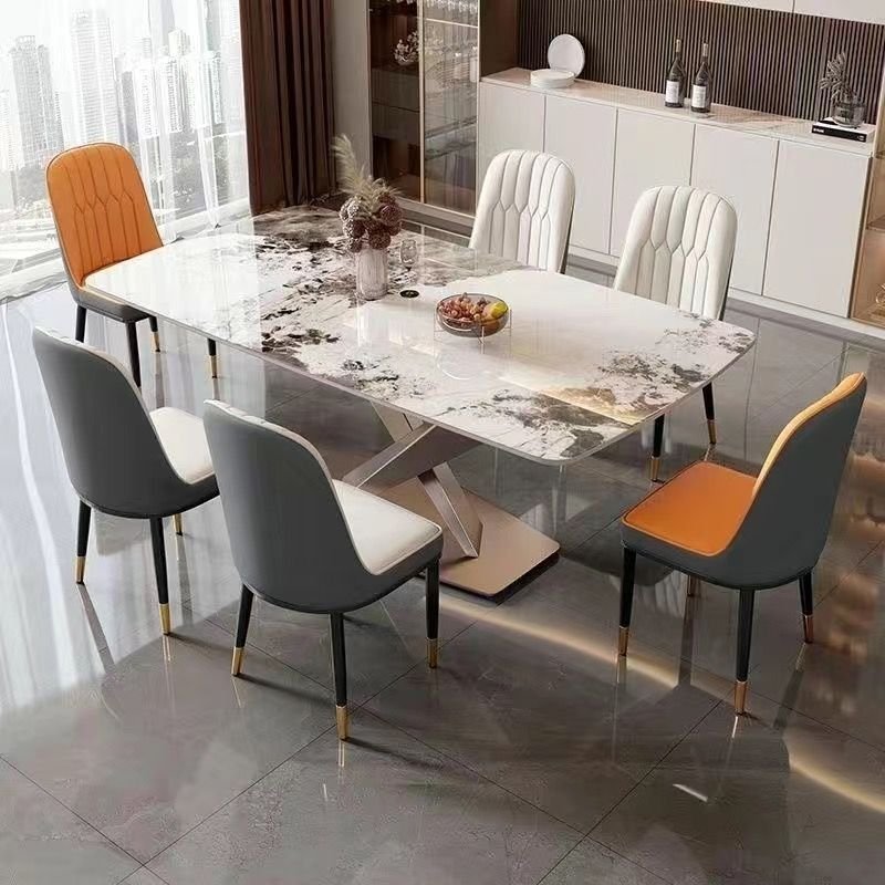 luxury glossy rock slab1.6M dining table and SIX chair combination, modern and simple small-sized rectangular dining table
