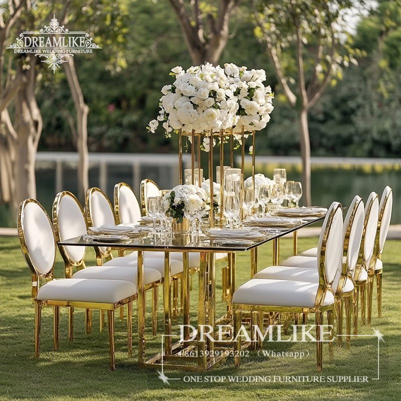 Stainless Steel Wedding Table with Rectangle Gem Glass Crystal for Hotel Use Event Tables Wedding Furniture