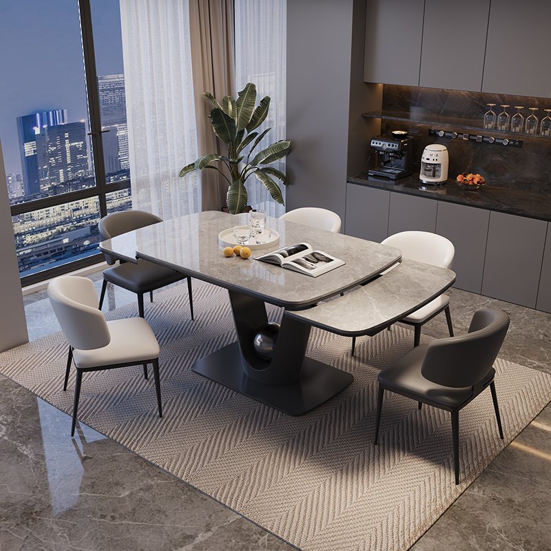 Modern Luxury Retractable Rock Plate Dining Table with Induction Warm Dishes for Home Restaurant