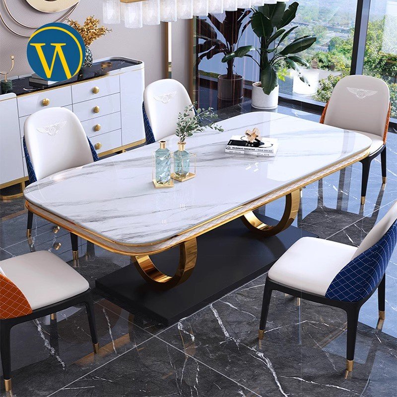 Contemporary Luxury Modern customized marble tabletop gold color steel base dining tables