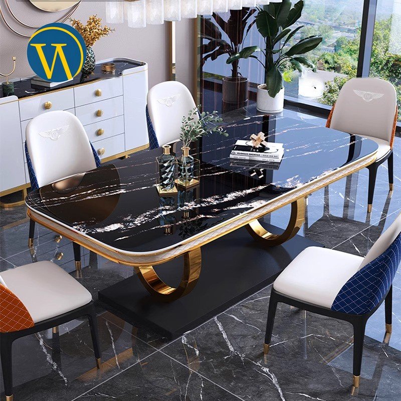 Contemporary Luxury Modern customized marble tabletop gold color steel base dining tables
