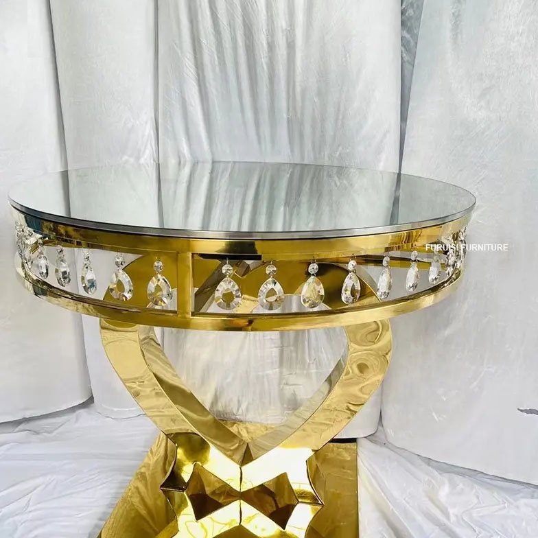 Hot Sale latest wedding gold stainless steel crystal round side glass mirror cake table top cake tables for wedding and event