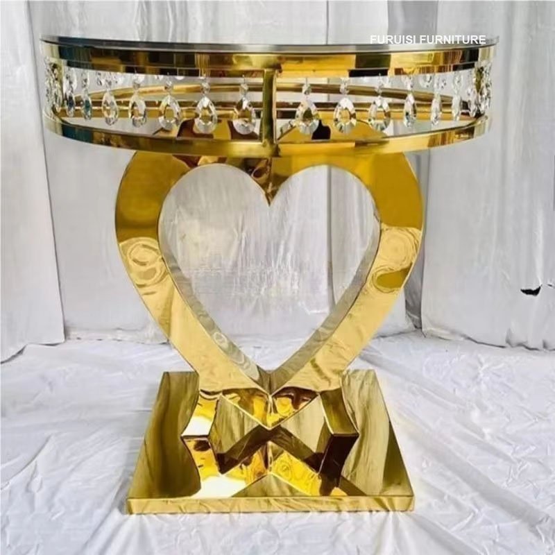Hot Sale latest wedding gold stainless steel crystal round side glass mirror cake table top cake tables for wedding and event