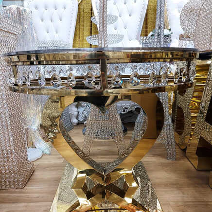 Hot Sale latest wedding gold stainless steel crystal round side glass mirror cake table top cake tables for wedding and event