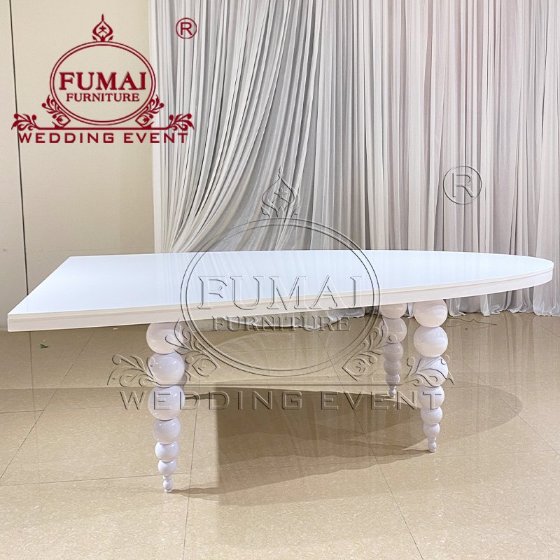 Oval Shape Ball Leg Luxury Event Banquet Hotel Dinning Stainless Steel Legs White Mdf Top Couple Table Wedding