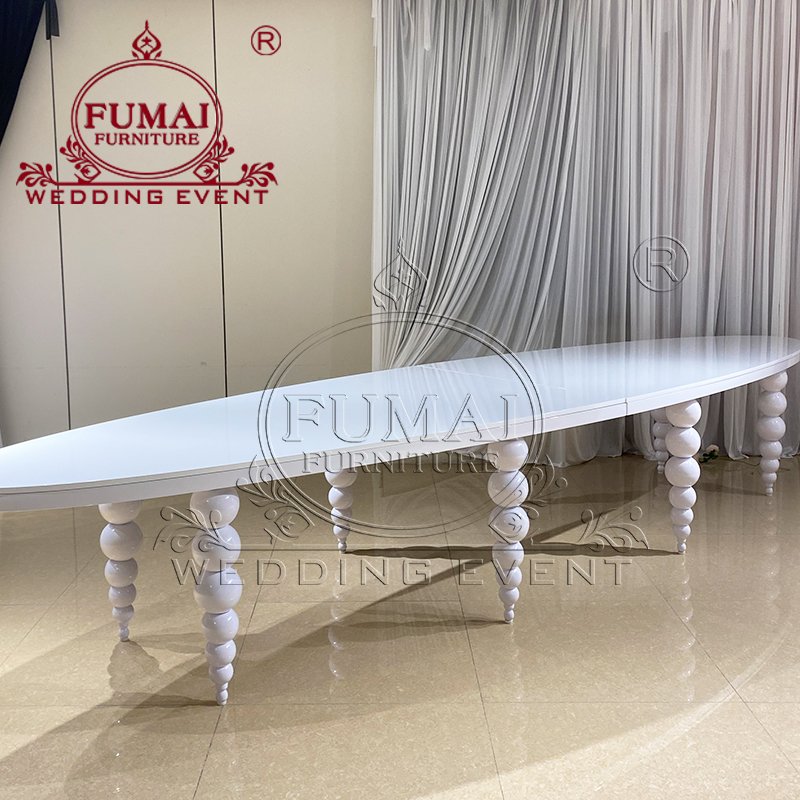 Oval Shape Ball Leg Luxury Event Banquet Hotel Dinning Stainless Steel Legs White Mdf Top Couple Table Wedding