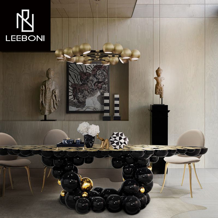 Custom made modern luxury dinning table set dining room furniture stainless steel ball design black oval dining table