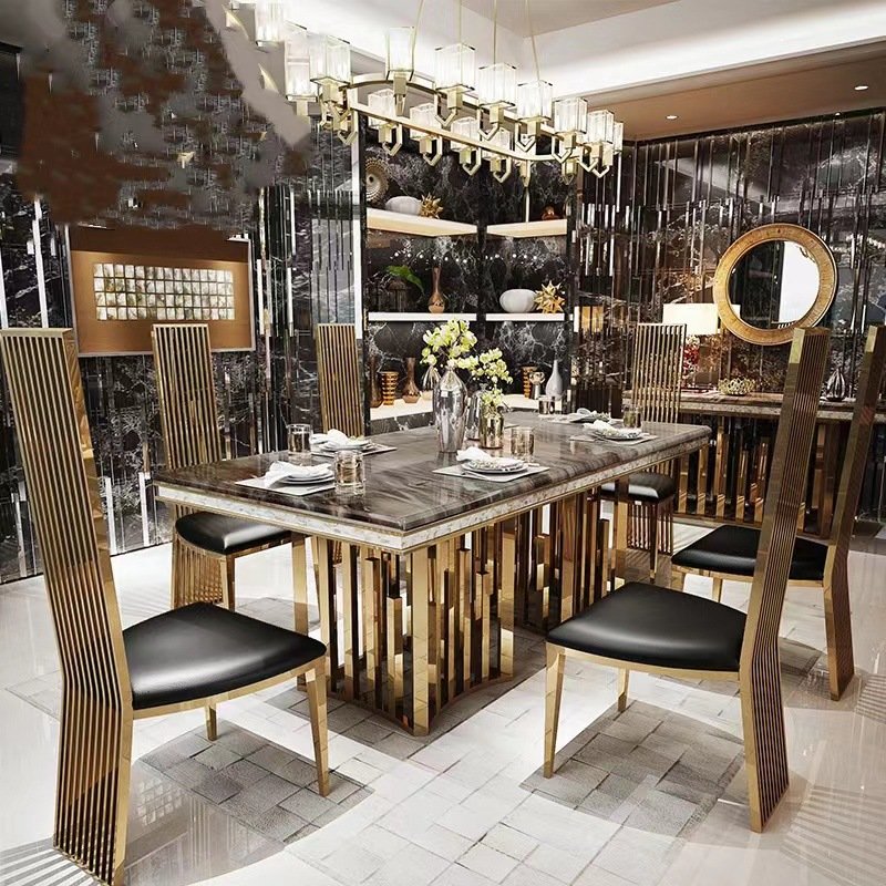 Luxury marble dining tables stainless steel legs metal dining tables set dining room furniture 8 chairs banquet tables