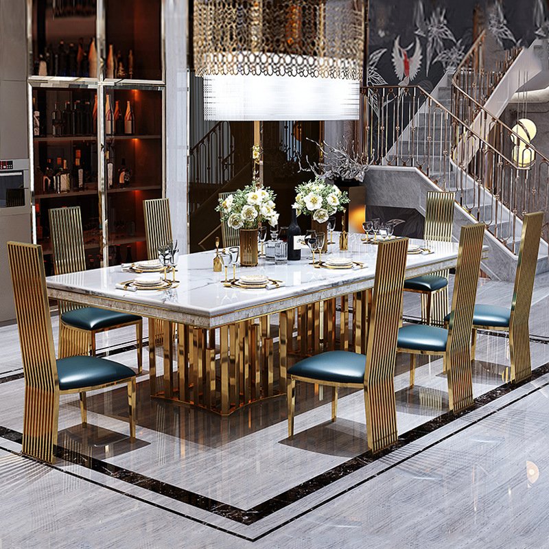 Luxury marble dining tables stainless steel legs metal dining tables set dining room furniture 8 chairs banquet tables