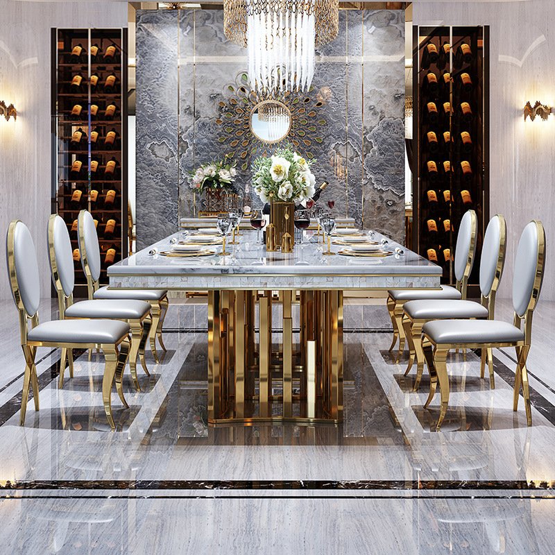 Luxury marble dining tables stainless steel legs metal dining tables set dining room furniture 8 chairs banquet tables