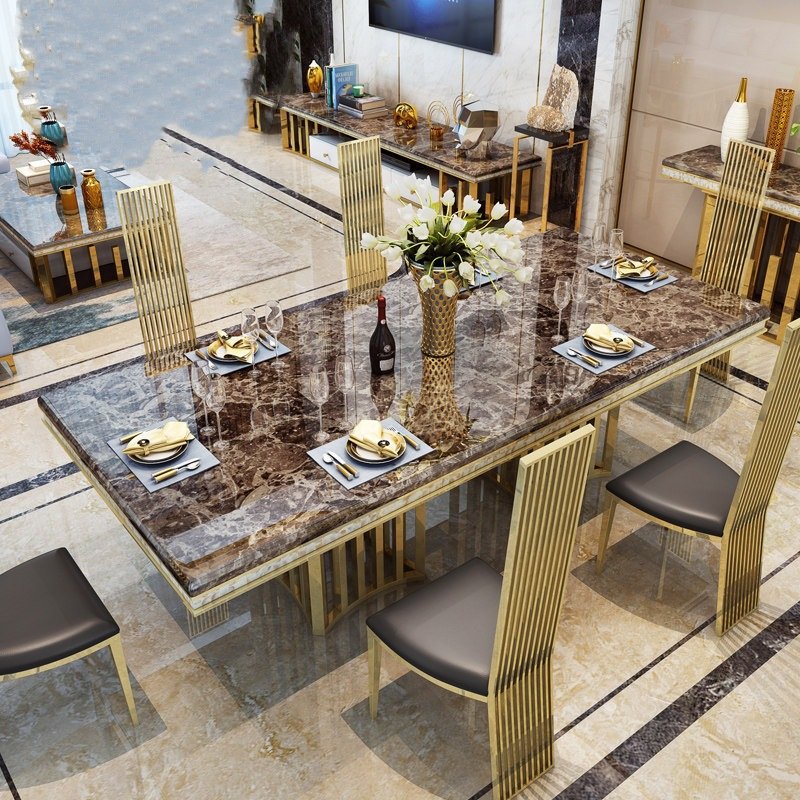 Luxury marble dining tables stainless steel legs metal dining tables set dining room furniture 8 chairs banquet tables